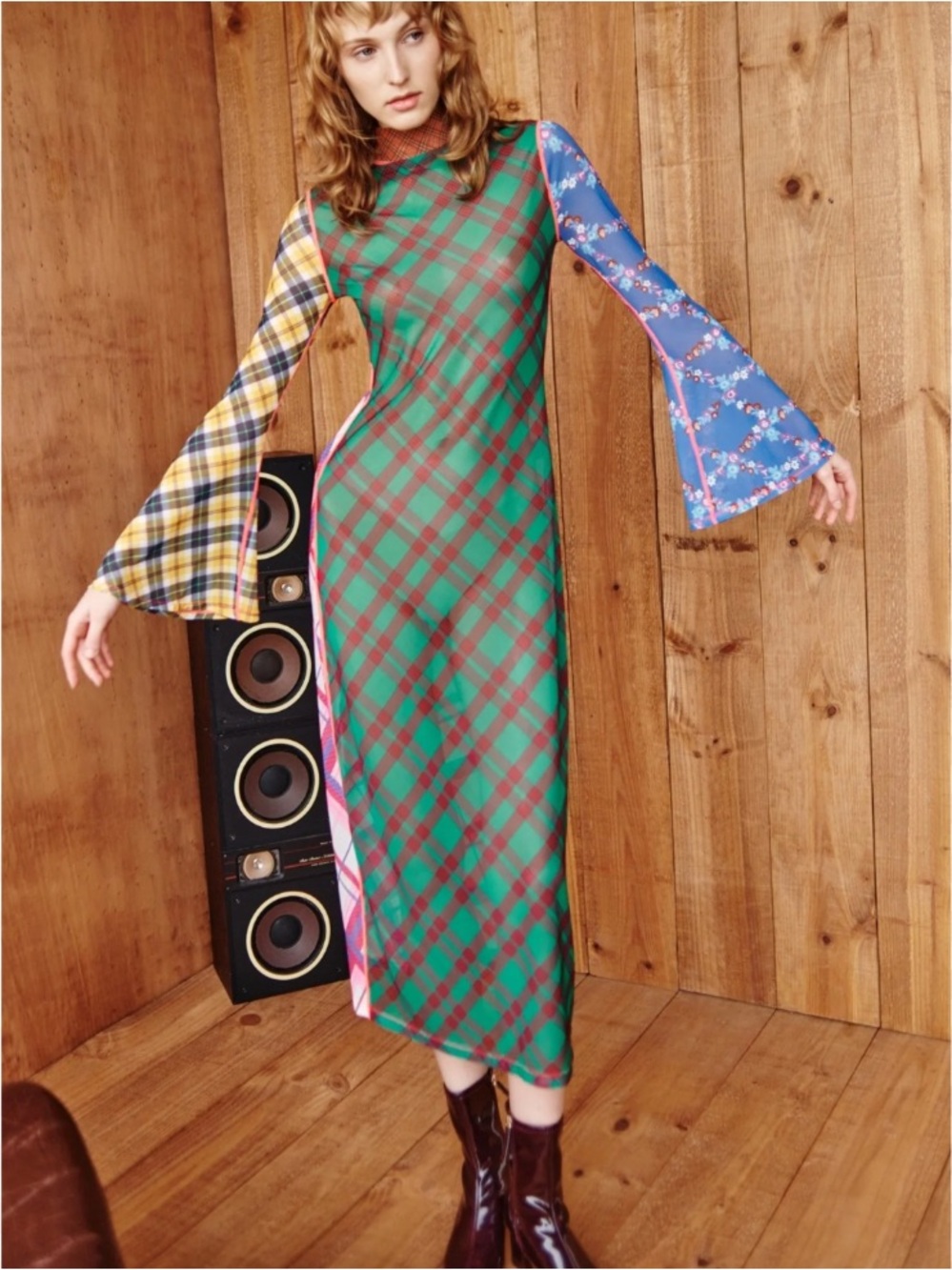 CeliaB Dress Ixora Midi Mesh in Patchwork Green Plaid Floral